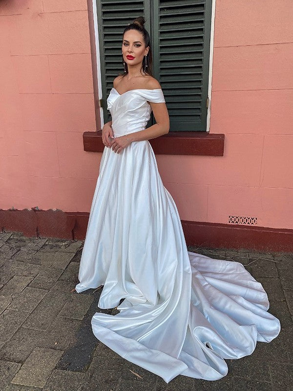A-Line/Princess Satin Sleeveless Off-the-Shoulder Court Ruched Train Wedding Dresses