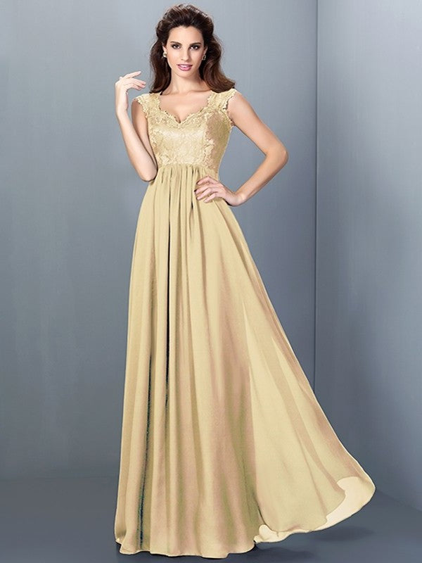 A-Line/Princess Long Scoop Lace Sleeveless Chiffon Bridesmaid Dresses