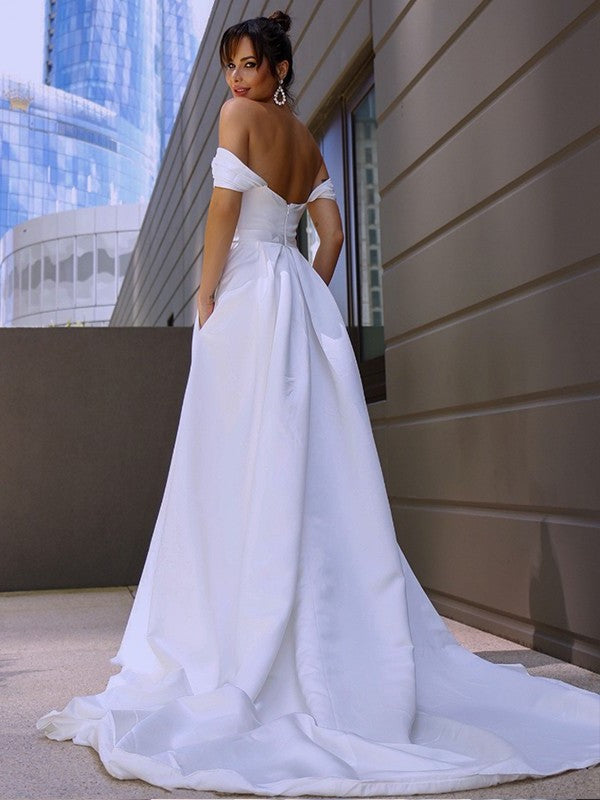 Sleeveless Satin Sweep/Brush A-Line/Princess Ruched Off-the-Shoulder Train Wedding Dresses