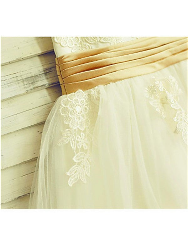 Scoop A-line/Princess Tea-Length Lace Sleeveless Tulle Flower Girl Dresses