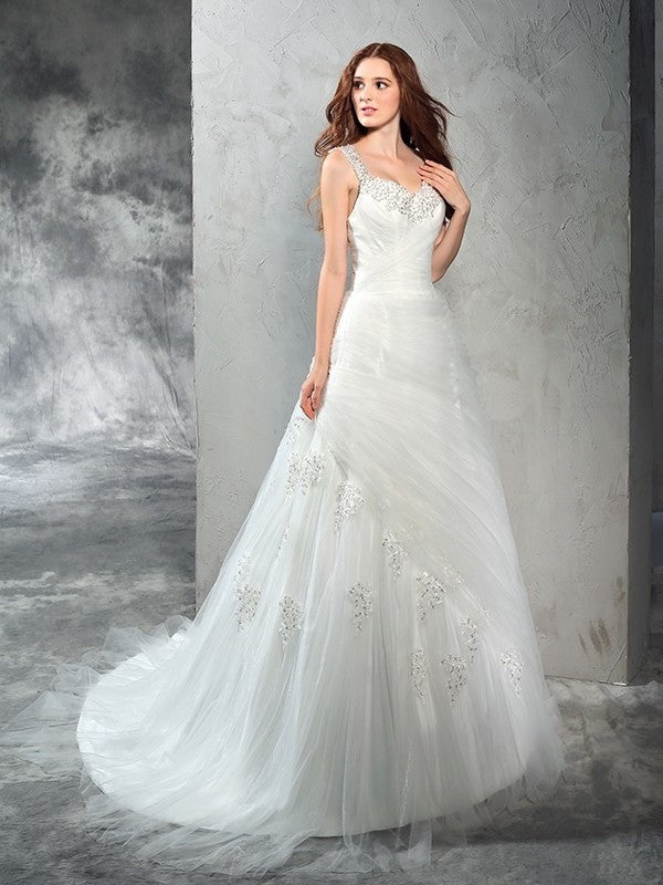 Straps Gown Applique Long Sleeveless Ball Net Wedding Dresses