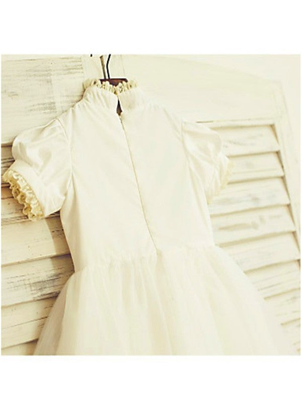 Neck Tulle Tea-Length Lace Short A-line/Princess Sleeves High Flower Girl Dresses