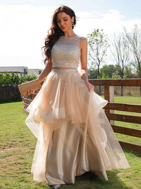 Sleeveless Beading Floor-Length Scoop Tulle A-Line/Princess Two Piece Dresses