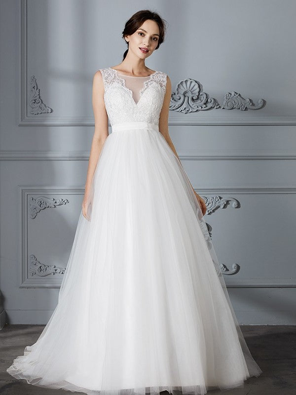 Sweep/Brush Train Sleeveless A-Line/Princess V-neck Tulle Wedding Dresses
