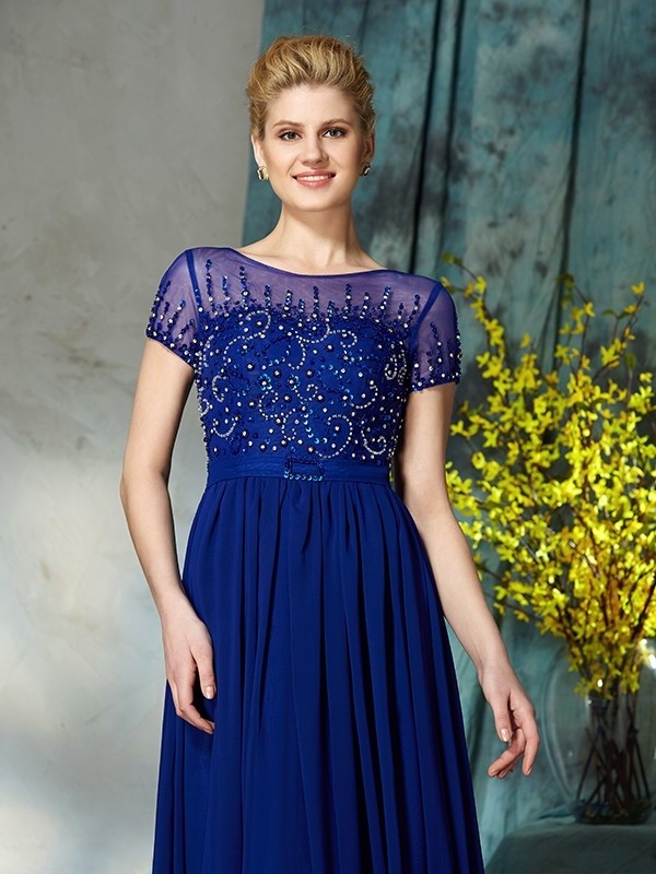 Long Mother of Beading Sleeves Scoop Chiffon A-Line/Princess Short the Bride Dresses