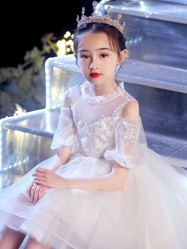 A-Line/Princess Asymmetrical Scoop Short Sleeves Applique Tulle Flower Girl Dresses