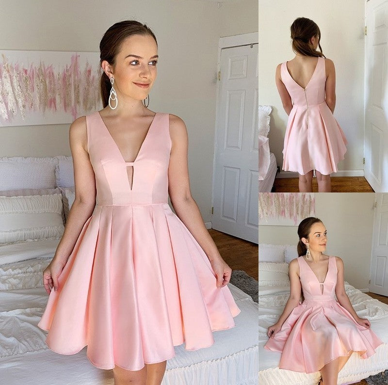 Sleeveless Satin Ruffles V-neck A-Line/Princess Short/Mini Homecoming Dresses