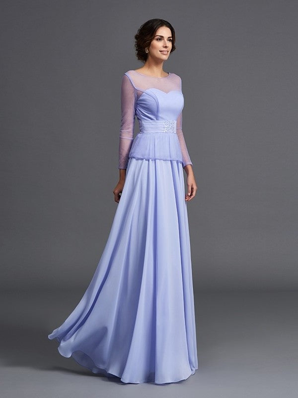 Sleeves Long Scoop of A-Line/Princess Chiffon Mother Ruffles Long the Bride Dresses