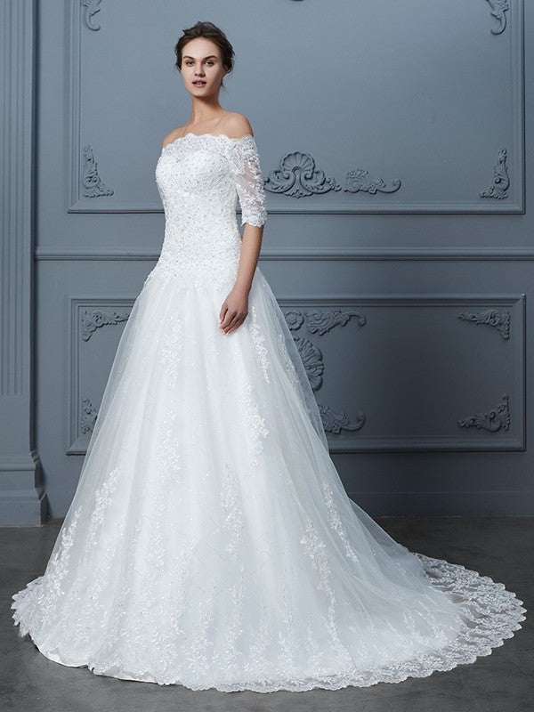 Ball Court Sleeves 1/2 Off-the-Shoulder Gown Train Beading Lace Wedding Dresses