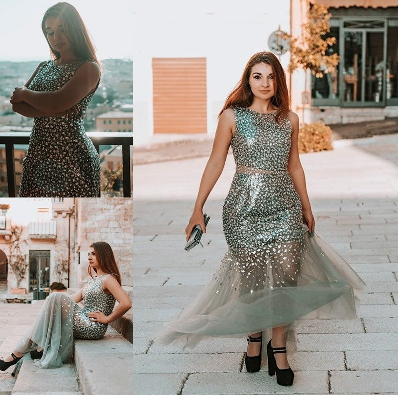 Trumpet/Mermaid Sequin Sleeveless Tulle Jewel Floor-Length Dresses