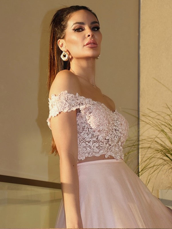 Tulle Flower A-Line/Princess Hand-Made Floor-Length Off-the-Shoulder Sleeveless Two Piece Dresses