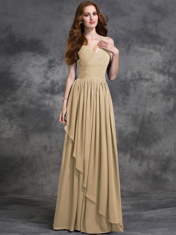 Straps A-line/Princess Spaghetti Long Sleeveless Ruffles Chiffon Bridesmaid Dresses