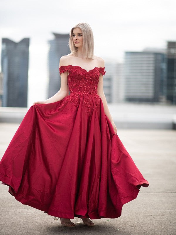 Ball Applique Gown Satin Off-the-Shoulder Sleeveless Floor-Length Dresses