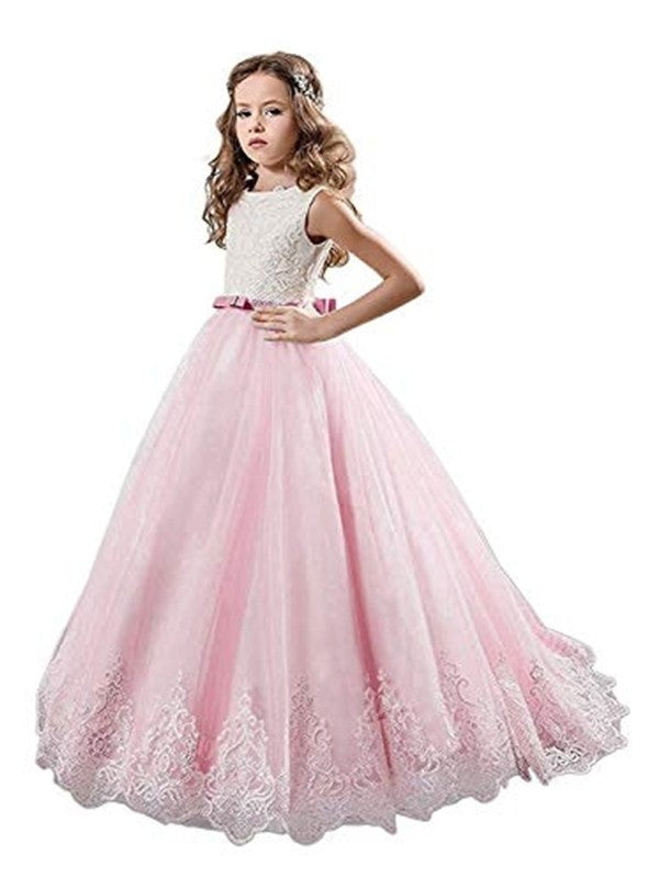 Ball Jewel Lace Sleeveless Tulle Gown Sweep/Brush Train Flower Girl Dresses