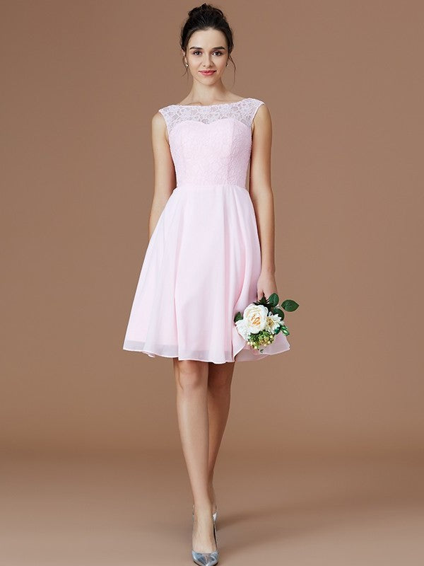 A-Line/Princess Sleeveless Bateau Lace Short/Mini Chiffon Bridesmaid Dresses