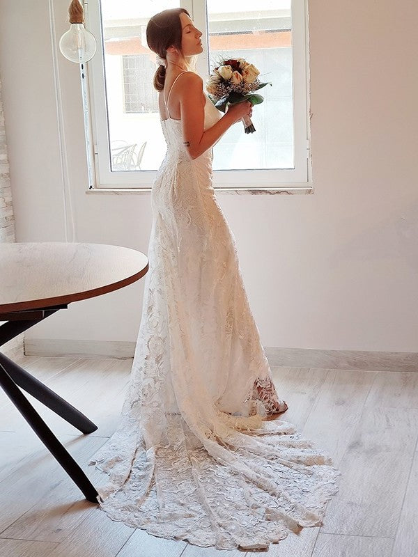 Spaghetti Court Lace Applique Sleeveless Straps Sheath/Column Train Wedding Dresses