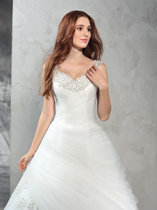 Straps Gown Applique Long Sleeveless Ball Net Wedding Dresses
