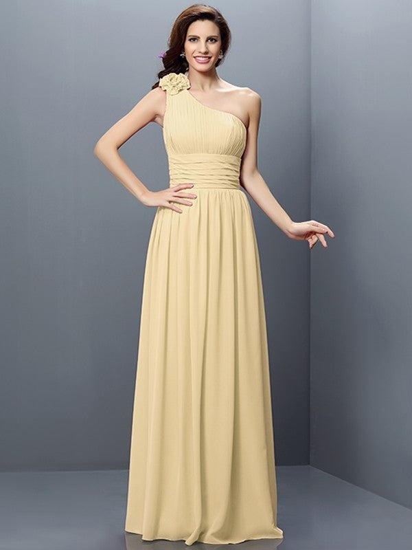 A-Line/Princess Long Sleeveless One-Shoulder Pleats Chiffon Bridesmaid Dresses