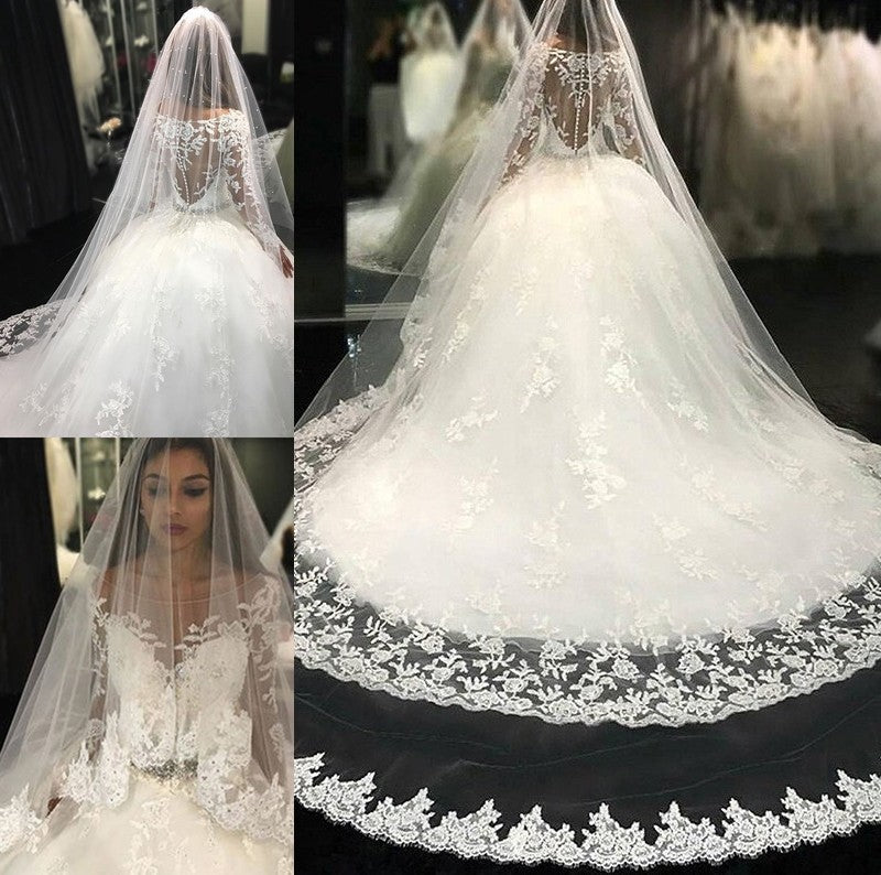 Train Lace Ball Long Cathedral Sleeves Applique Gown Scoop Tulle Wedding Dresses