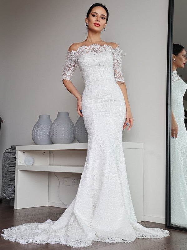 1/2 Sleeves Lace Ruffles Sweep/Brush Off-the-Shoulder Sheath/Column Train Wedding Dresses