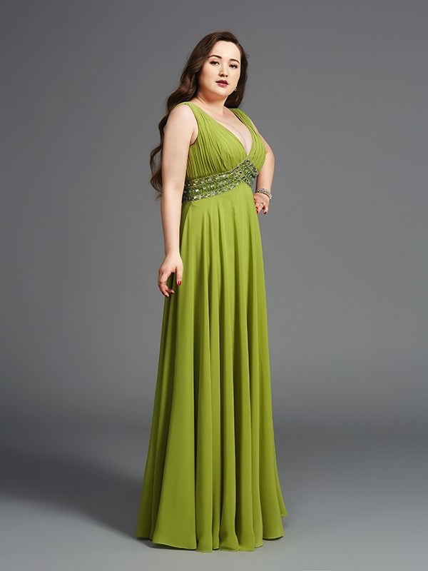 Chiffon Straps Rhinestone A-Line/Princess Long Sleeveless Plus Size Dresses