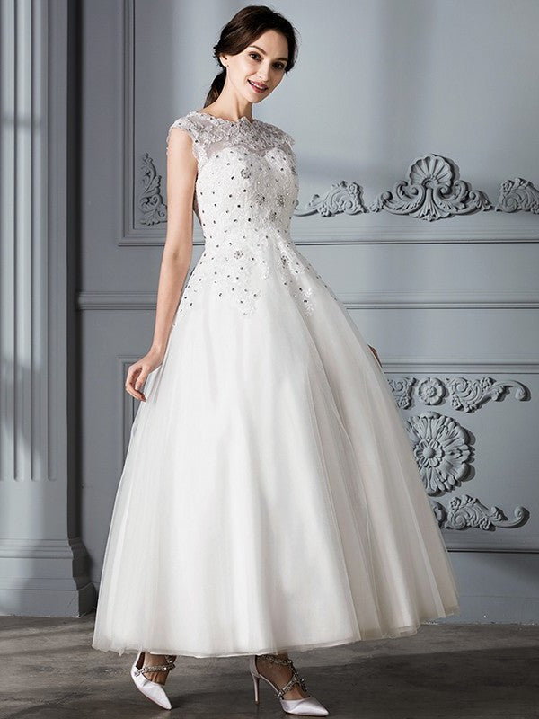 Gown Sleeveless Tea-Length Ball Scoop Tulle Wedding Dresses