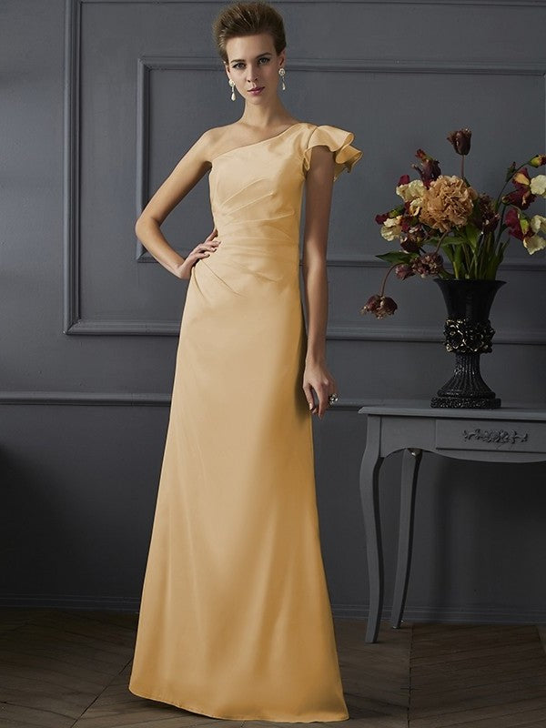 Woven Pleats One-Shoulder Sheath/Column Long Elastic Sleeveless Satin Bridesmaid Dresses