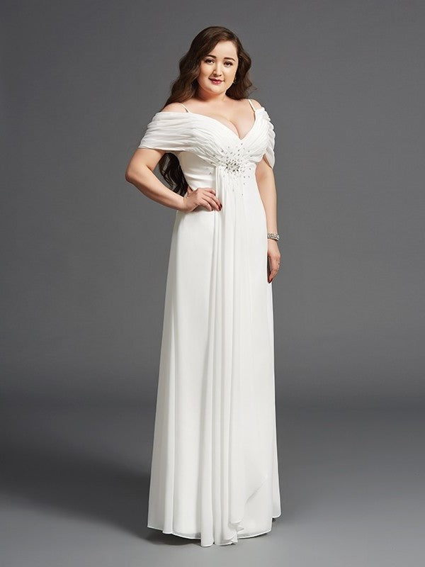 Off-the-Shoulder Sleeves Short Chiffon A-Line/Princess Long Ruched Plus Size Dresses
