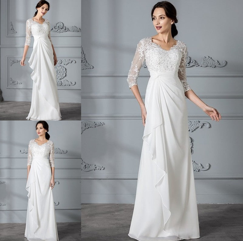 V-neck Chiffon Sheath/Column Sleeves 3/4 Floor-Length Wedding Dresses