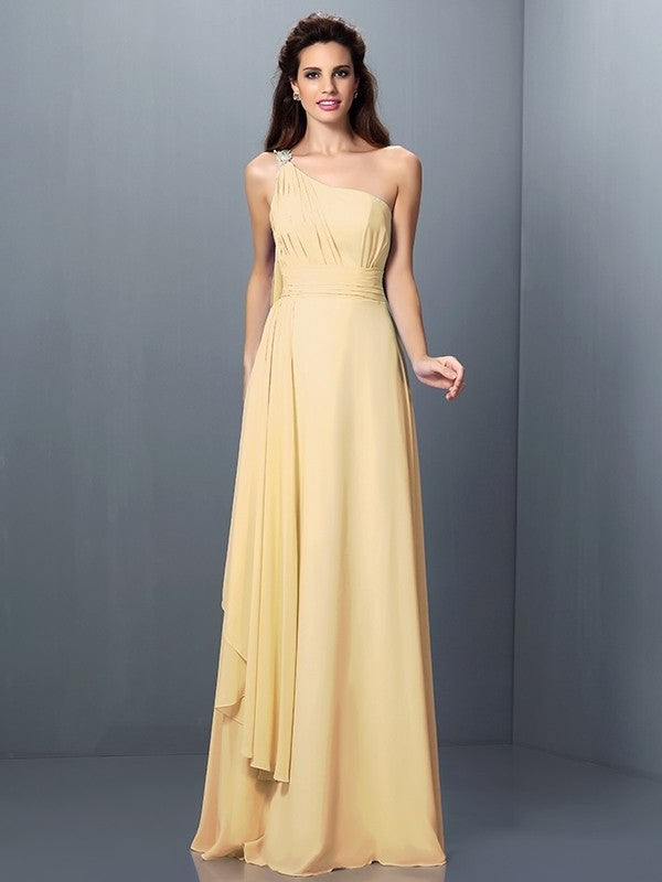 A-Line/Princess One-Shoulder Long Sleeveless Pleats Chiffon Bridesmaid Dresses