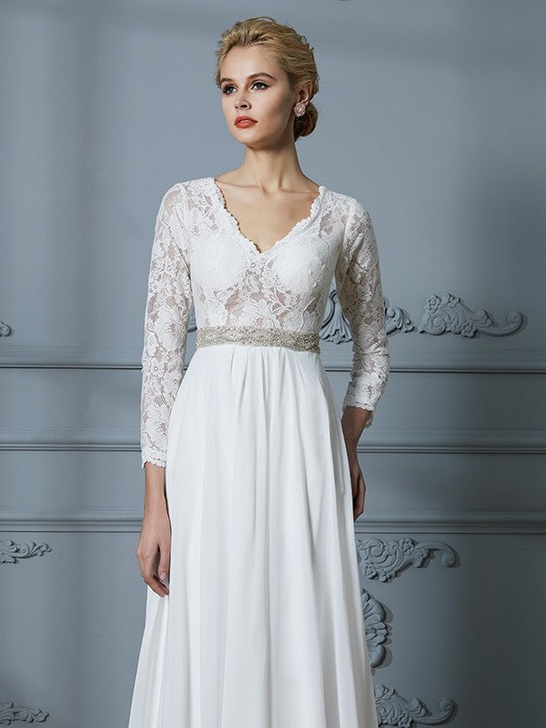 Lace V-neck Sweep/Brush A-Line/Princess Train Sleeves 3/4 Chiffon Wedding Dresses