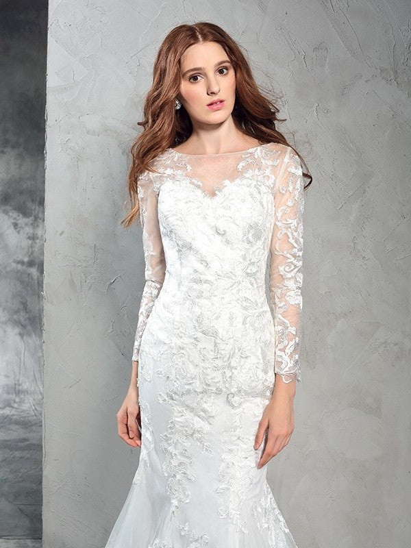 Lace Long Sheath/Column Neck Sheer Sleeves Long Net Wedding Dresses