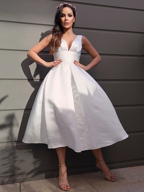 Satin A-Line/Princess Sleeveless V-neck Ruched Tea-Length Wedding Dresses