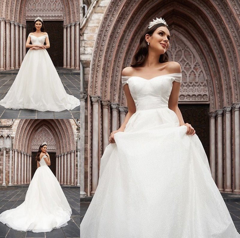 Sleeveless Ball Off-the-Shoulder Tulle Ruched Gown Court Train Wedding Dresses