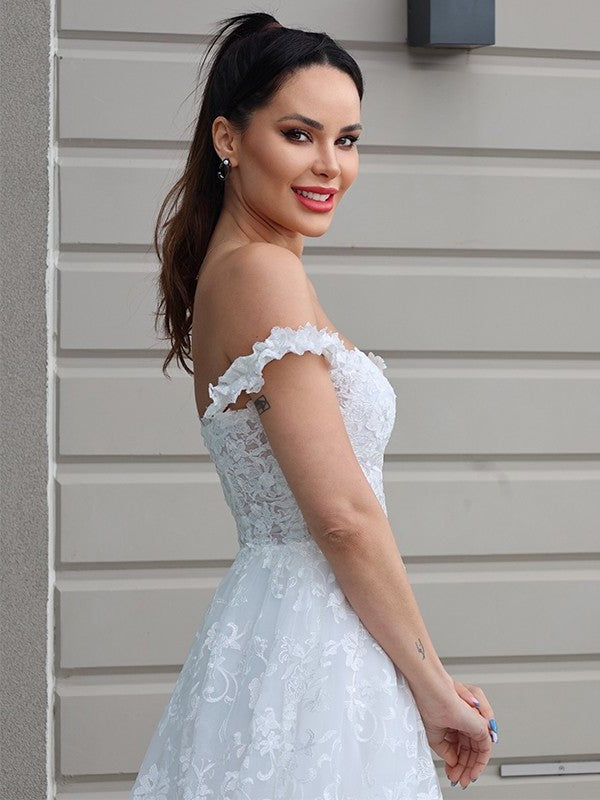 Tulle Off-the-Shoulder Applique Sleeveless A-Line/Princess Sweep/Brush Train Wedding Dresses