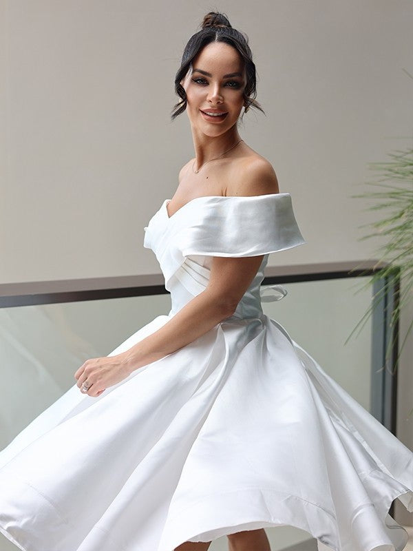 A-Line/Princess Off-the-Shoulder Satin Sleeveless Ruffles Knee-Length Wedding Dresses