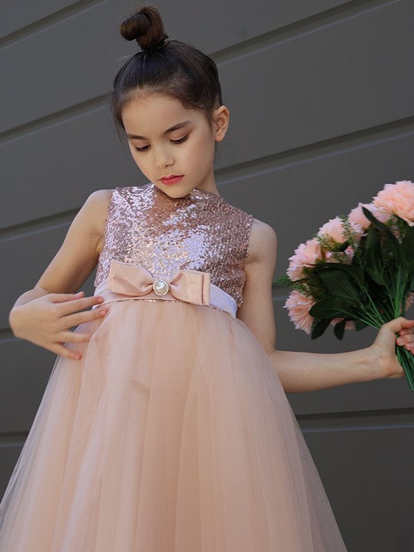 Bowknot Tulle Tea-Length Scoop A-Line/Princess Sleeveless Flower Girl Dresses