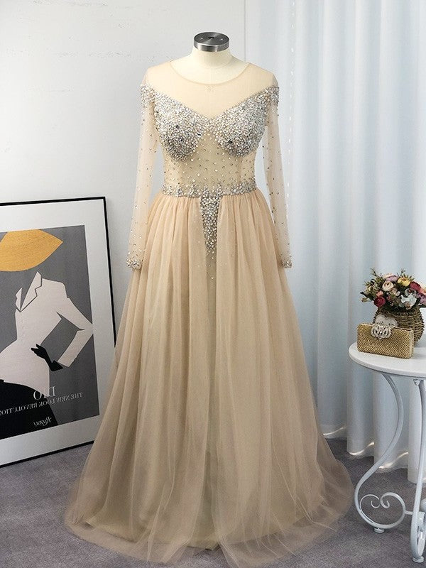 Long Sleeves Off-the-Shoulder Floor-Length Gown Tulle Ball Sequin Plus Size Dresses