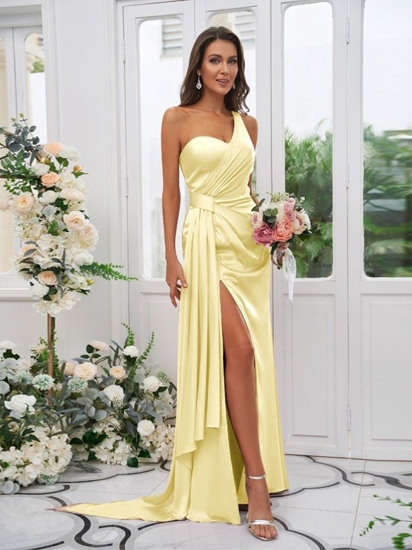 Sleeveless One-Shoulder Sheath/Column Ruched Charmeuse Floor-Length Bridesmaid Dresses