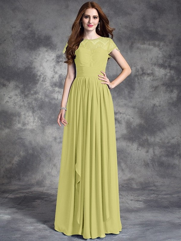 Long Sleeveless Bateau Lace A-line/Princess Chiffon Bridesmaid Dresses
