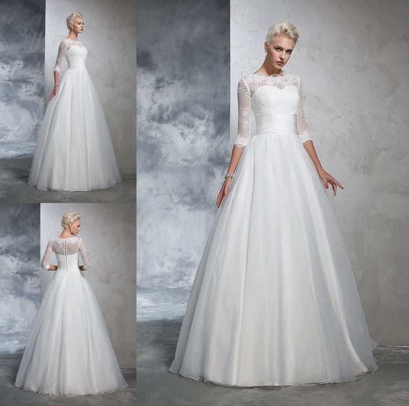 3/4 Long Ball Sleeves Applique Gown Jewel Organza Wedding Dresses