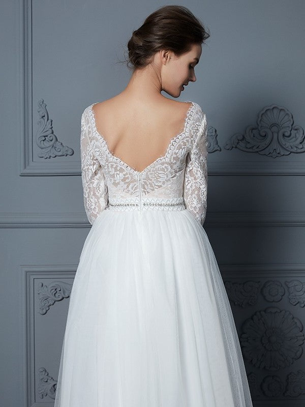 3/4 Lace V-neck Floor-Length A-Line/Princess Sleeves Tulle Wedding Dresses