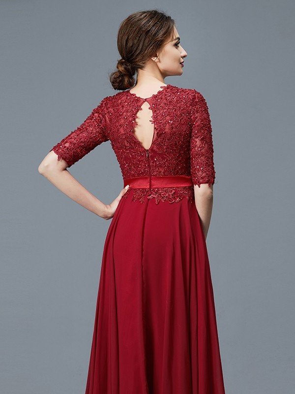 Floor-Length Applique 1/2 Sleeves of Mother Chiffon Scoop A-Line/Princess the Bride Dresses