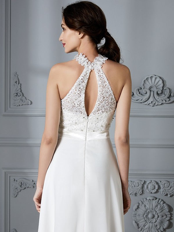 Scoop Sleeveless A-Line/Princess Floor-Length Chiffon Wedding Dresses