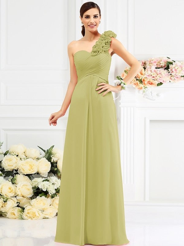 Hand-Made One-Shoulder A-Line/Princess Sleeveless Long Flower Chiffon Bridesmaid Dresses