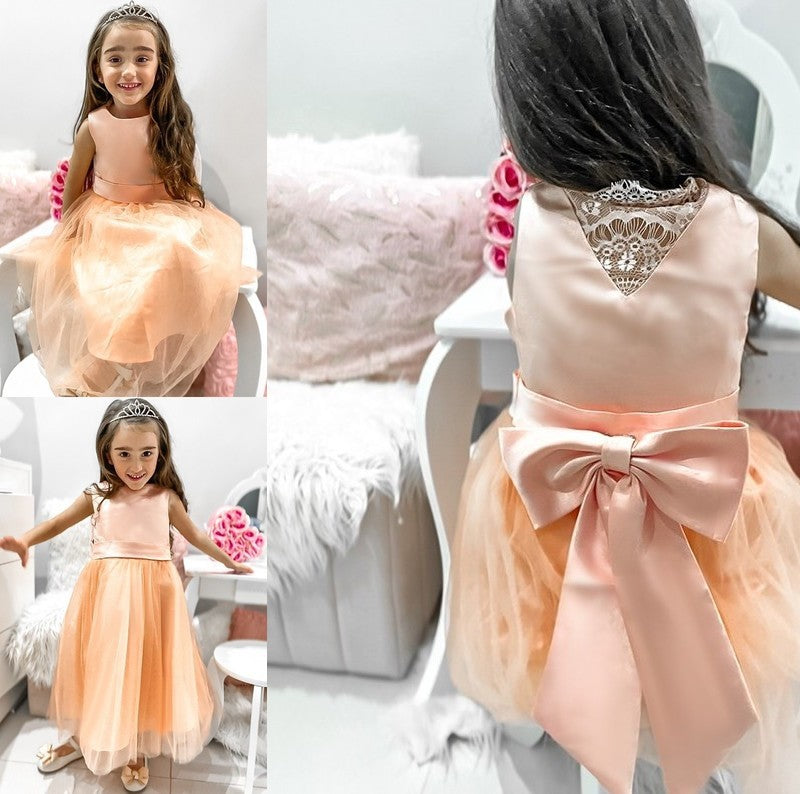 Bowknot Sleeveless Scoop Tulle A-Line/Princess Tea-Length Flower Girl Dresses