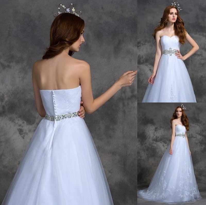 Long A-line/Princess Sleeveless Beading Sweetheart Satin Wedding Dresses
