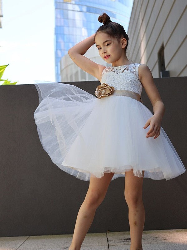 Tulle Lace Scoop Knee-Length A-Line/Princess Sleeveless Flower Girl Dresses