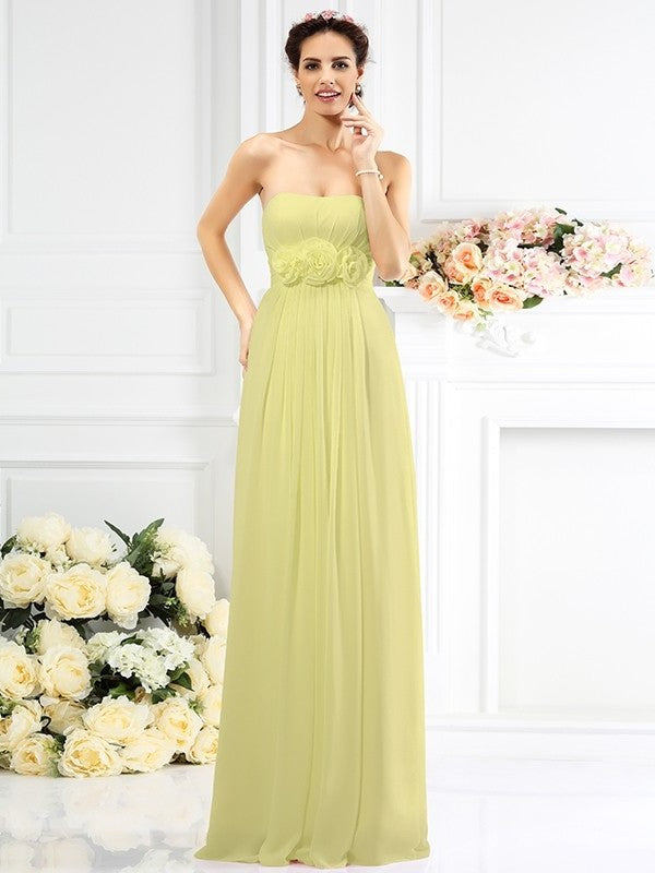 Flower A-Line/Princess Strapless Hand-Made Long Sleeveless Chiffon Bridesmaid Dresses