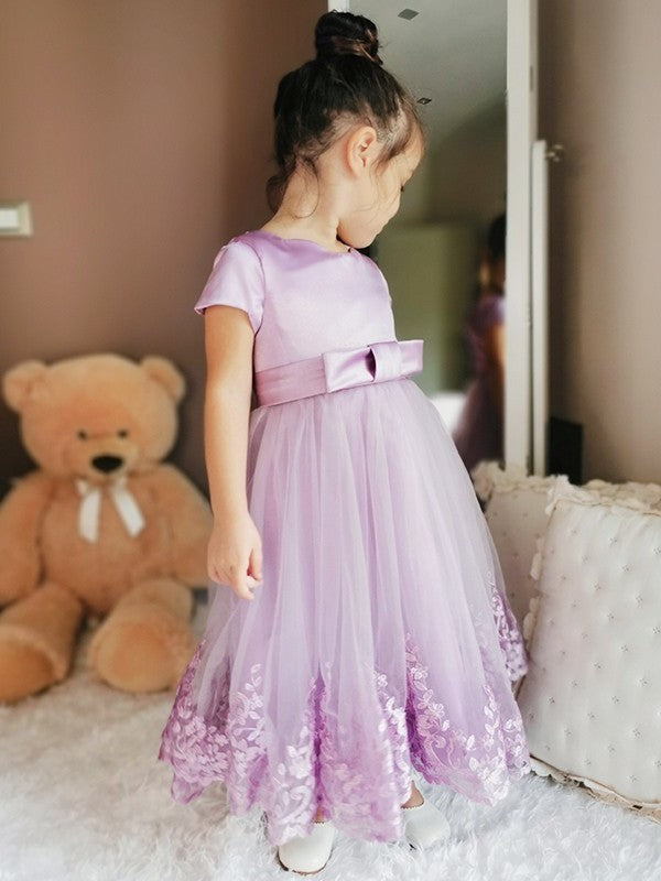 Scoop Ankle-Length Short A-Line/Princess Sleeves Lace Tulle Flower Girl Dresses